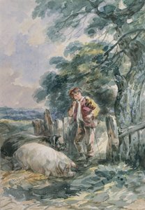 Skica krajiny s chlapcem a dvěma prasaty od John Barker